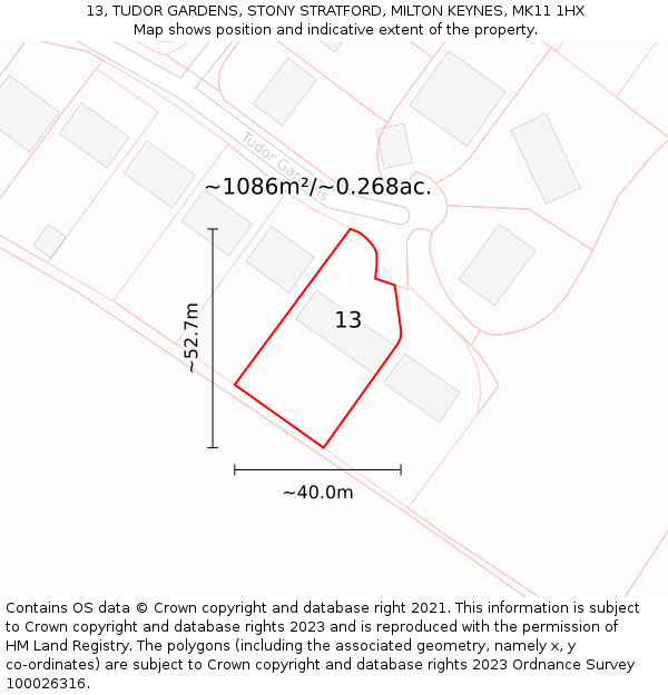 13, TUDOR GARDENS, STONY STRATFORD, MILTON KEYNES, MK11 1HX: Plot and title map