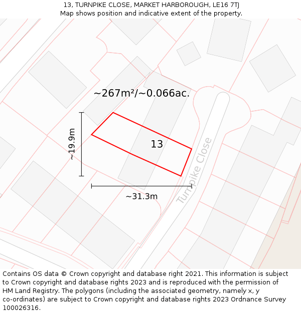 13, TURNPIKE CLOSE, MARKET HARBOROUGH, LE16 7TJ: Plot and title map