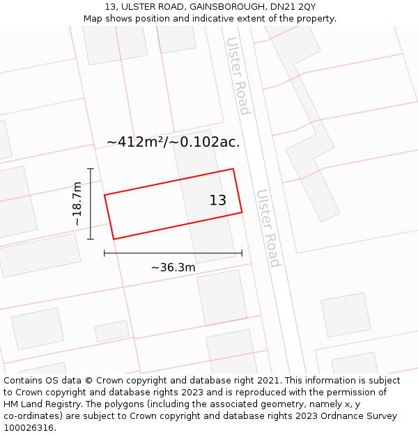 13, ULSTER ROAD, GAINSBOROUGH, DN21 2QY: Plot and title map