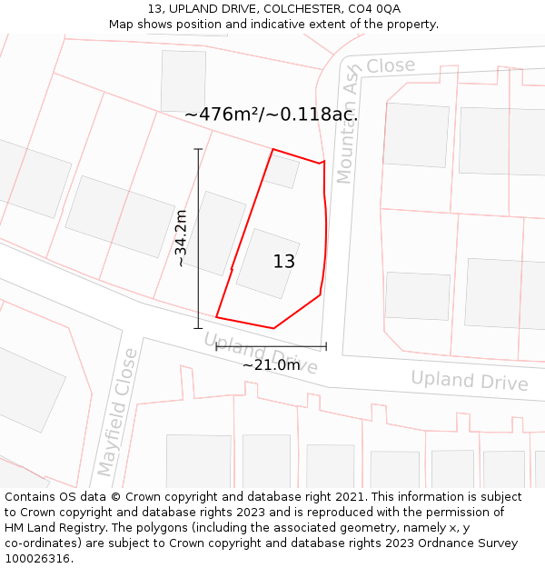 13, UPLAND DRIVE, COLCHESTER, CO4 0QA: Plot and title map