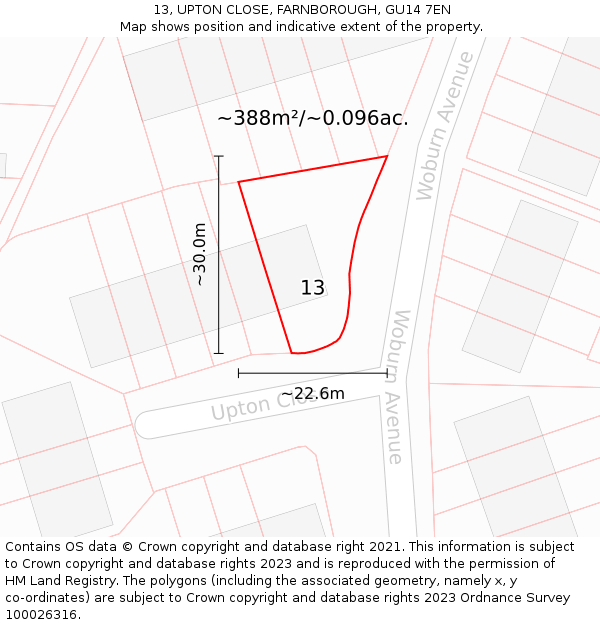 13, UPTON CLOSE, FARNBOROUGH, GU14 7EN: Plot and title map