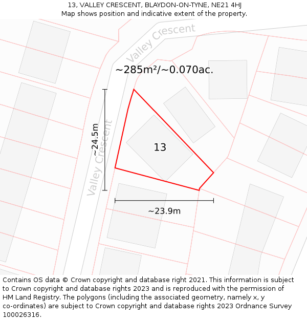 13, VALLEY CRESCENT, BLAYDON-ON-TYNE, NE21 4HJ: Plot and title map