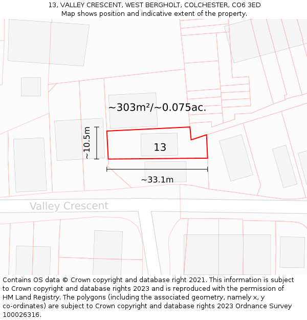 13, VALLEY CRESCENT, WEST BERGHOLT, COLCHESTER, CO6 3ED: Plot and title map