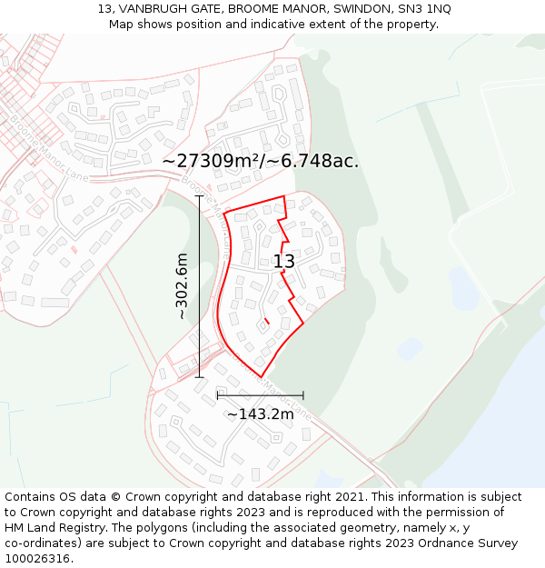 13, VANBRUGH GATE, BROOME MANOR, SWINDON, SN3 1NQ: Plot and title map