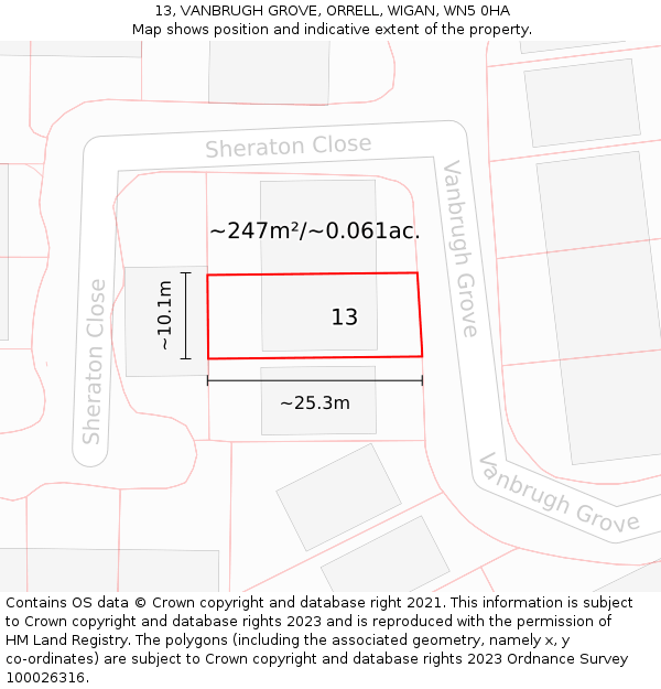 13, VANBRUGH GROVE, ORRELL, WIGAN, WN5 0HA: Plot and title map