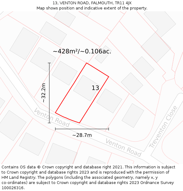 13, VENTON ROAD, FALMOUTH, TR11 4JX: Plot and title map