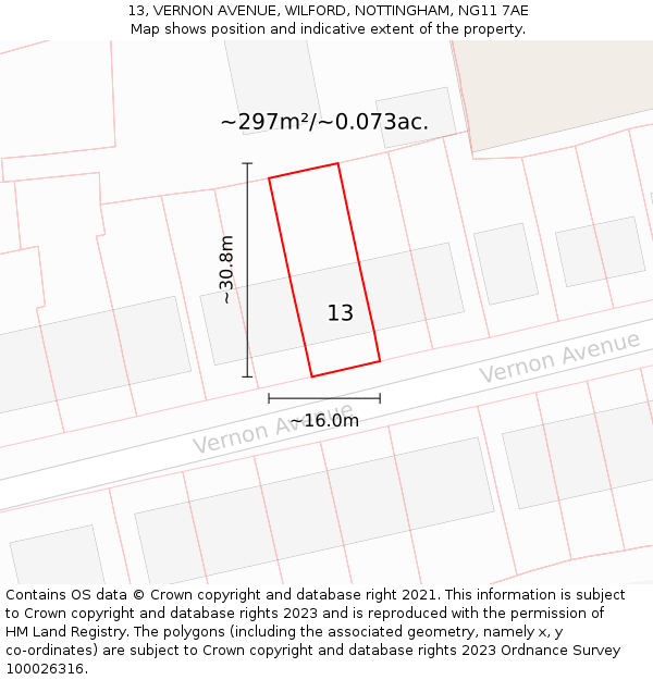 13, VERNON AVENUE, WILFORD, NOTTINGHAM, NG11 7AE: Plot and title map