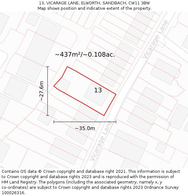 13, VICARAGE LANE, ELWORTH, SANDBACH, CW11 3BW: Plot and title map