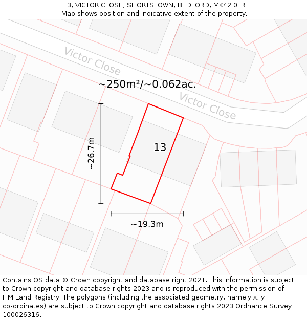 13, VICTOR CLOSE, SHORTSTOWN, BEDFORD, MK42 0FR: Plot and title map