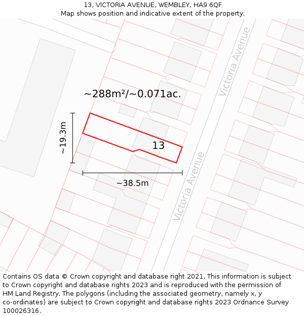 13, VICTORIA AVENUE, WEMBLEY, HA9 6QF: Plot and title map