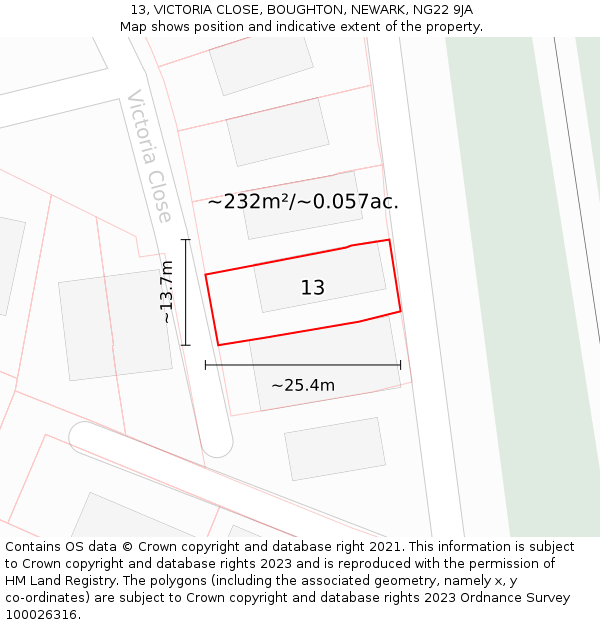 13, VICTORIA CLOSE, BOUGHTON, NEWARK, NG22 9JA: Plot and title map