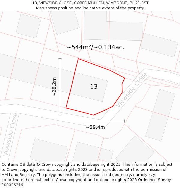 13, VIEWSIDE CLOSE, CORFE MULLEN, WIMBORNE, BH21 3ST: Plot and title map
