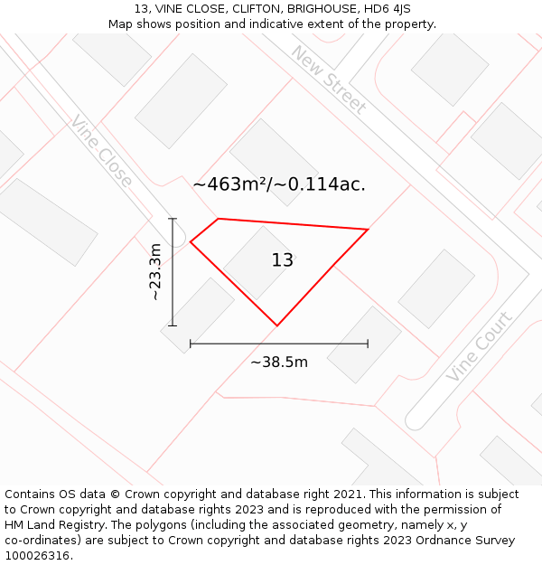 13, VINE CLOSE, CLIFTON, BRIGHOUSE, HD6 4JS: Plot and title map