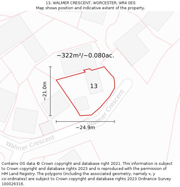 13, WALMER CRESCENT, WORCESTER, WR4 0ES: Plot and title map