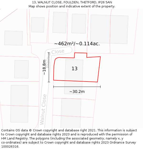 13, WALNUT CLOSE, FOULDEN, THETFORD, IP26 5AN: Plot and title map