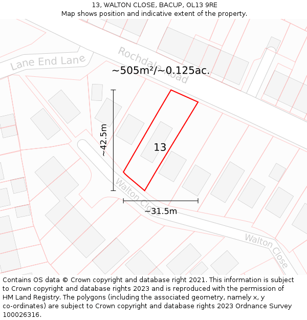 13, WALTON CLOSE, BACUP, OL13 9RE: Plot and title map