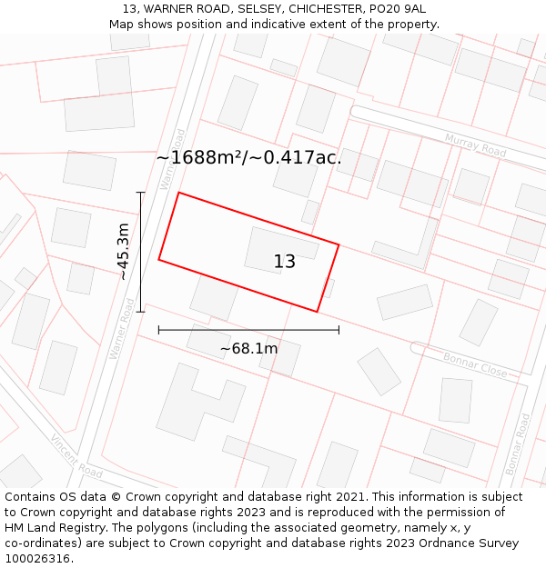 13, WARNER ROAD, SELSEY, CHICHESTER, PO20 9AL: Plot and title map