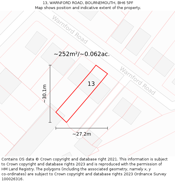 13, WARNFORD ROAD, BOURNEMOUTH, BH6 5PF: Plot and title map