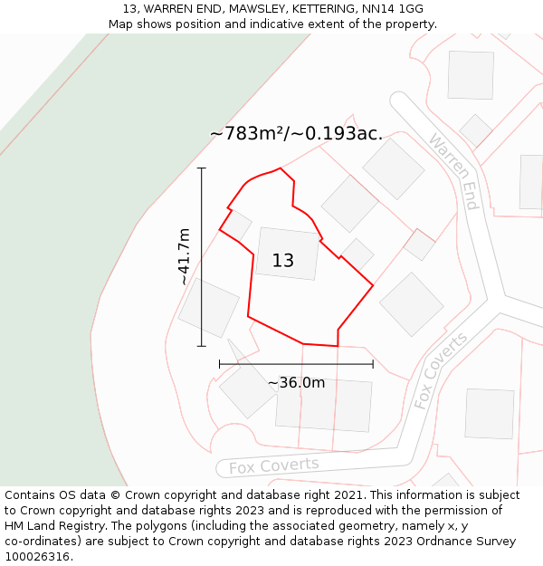 13, WARREN END, MAWSLEY, KETTERING, NN14 1GG: Plot and title map