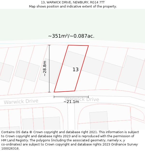 13, WARWICK DRIVE, NEWBURY, RG14 7TT: Plot and title map