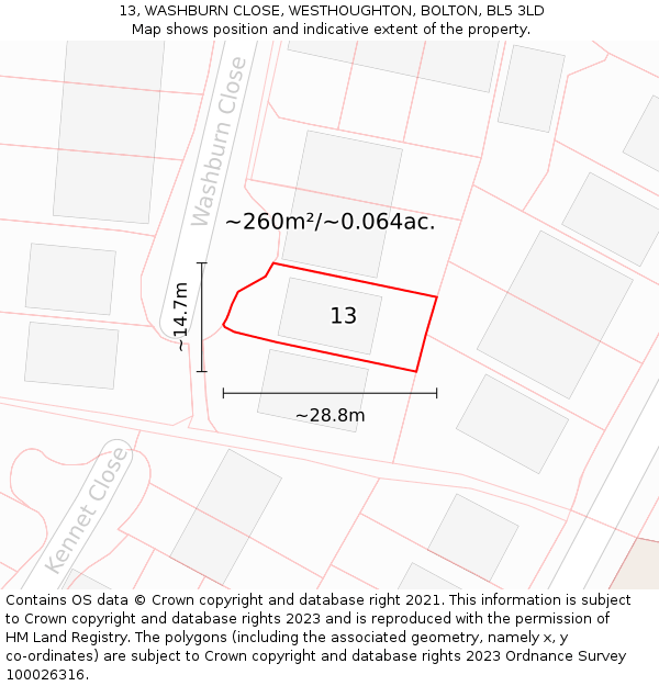 13, WASHBURN CLOSE, WESTHOUGHTON, BOLTON, BL5 3LD: Plot and title map