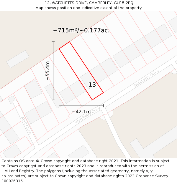 13, WATCHETTS DRIVE, CAMBERLEY, GU15 2PQ: Plot and title map