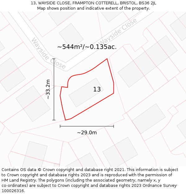 13, WAYSIDE CLOSE, FRAMPTON COTTERELL, BRISTOL, BS36 2JL: Plot and title map
