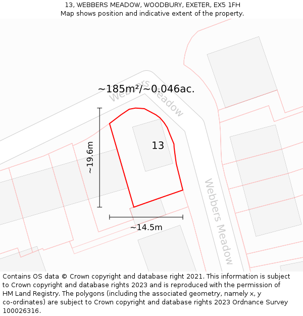 13, WEBBERS MEADOW, WOODBURY, EXETER, EX5 1FH: Plot and title map