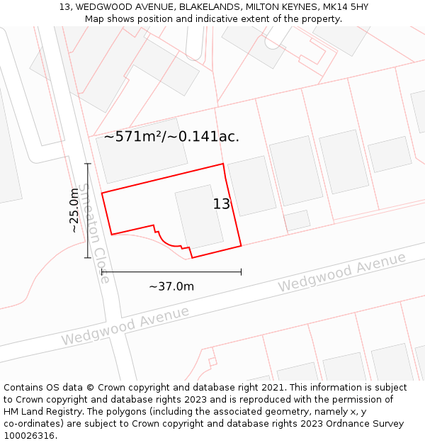 13, WEDGWOOD AVENUE, BLAKELANDS, MILTON KEYNES, MK14 5HY: Plot and title map