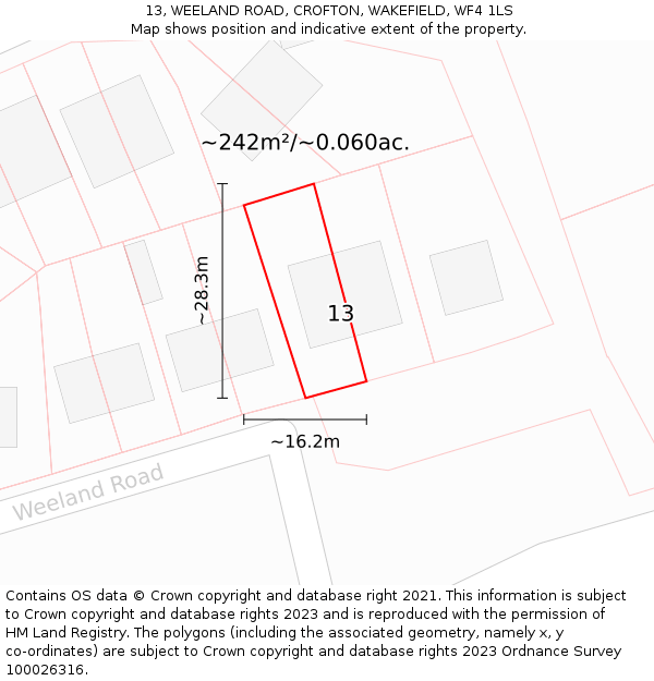 13, WEELAND ROAD, CROFTON, WAKEFIELD, WF4 1LS: Plot and title map