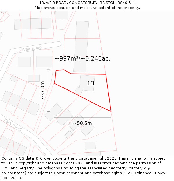 13, WEIR ROAD, CONGRESBURY, BRISTOL, BS49 5HL: Plot and title map