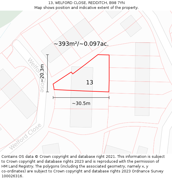 13, WELFORD CLOSE, REDDITCH, B98 7YN: Plot and title map