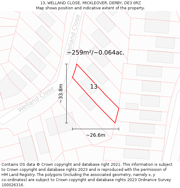 13, WELLAND CLOSE, MICKLEOVER, DERBY, DE3 0RZ: Plot and title map