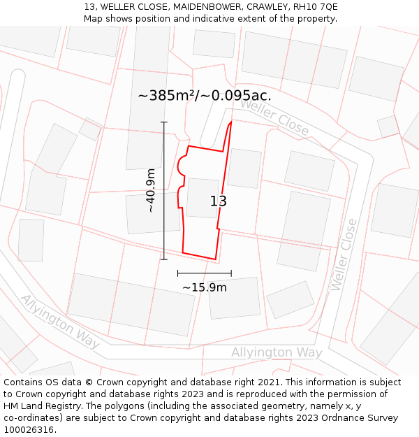 13, WELLER CLOSE, MAIDENBOWER, CRAWLEY, RH10 7QE: Plot and title map