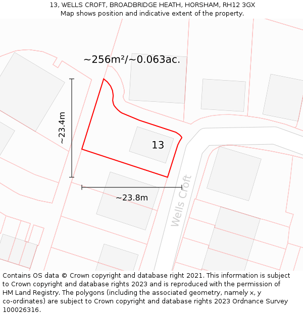 13, WELLS CROFT, BROADBRIDGE HEATH, HORSHAM, RH12 3GX: Plot and title map