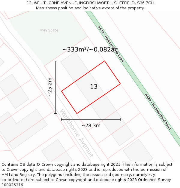 13, WELLTHORNE AVENUE, INGBIRCHWORTH, SHEFFIELD, S36 7GH: Plot and title map