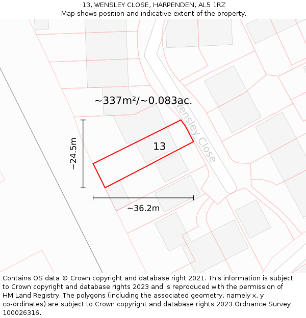 13, WENSLEY CLOSE, HARPENDEN, AL5 1RZ: Plot and title map