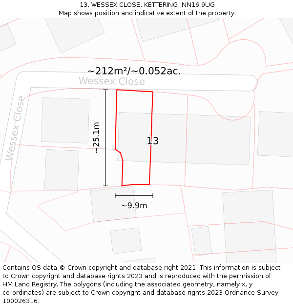 13, WESSEX CLOSE, KETTERING, NN16 9UG: Plot and title map