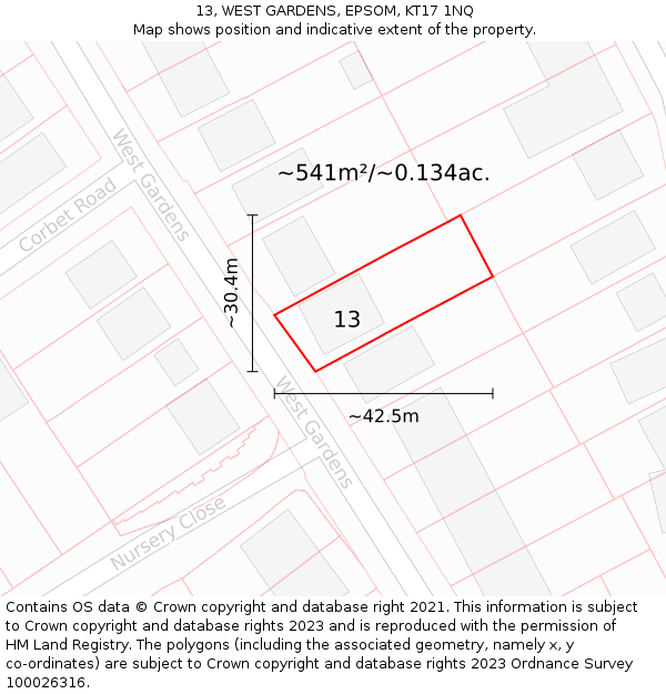 13, WEST GARDENS, EPSOM, KT17 1NQ: Plot and title map