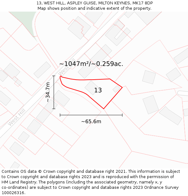 13, WEST HILL, ASPLEY GUISE, MILTON KEYNES, MK17 8DP: Plot and title map