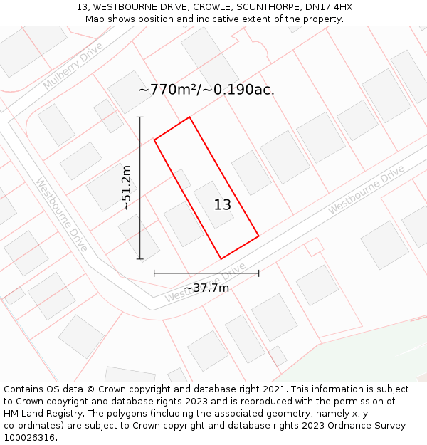 13, WESTBOURNE DRIVE, CROWLE, SCUNTHORPE, DN17 4HX: Plot and title map