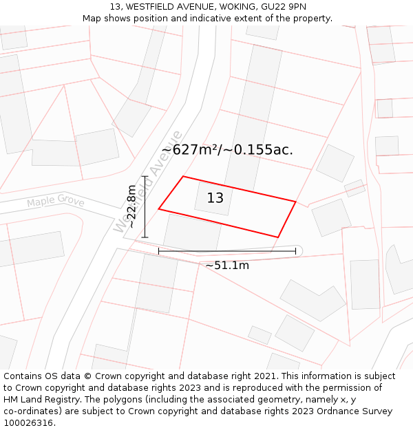 13, WESTFIELD AVENUE, WOKING, GU22 9PN: Plot and title map