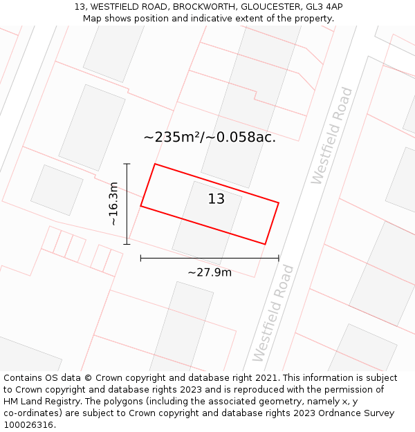 13, WESTFIELD ROAD, BROCKWORTH, GLOUCESTER, GL3 4AP: Plot and title map