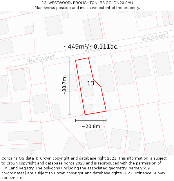 13, WESTWOOD, BROUGHTON, BRIGG, DN20 0AU: Plot and title map