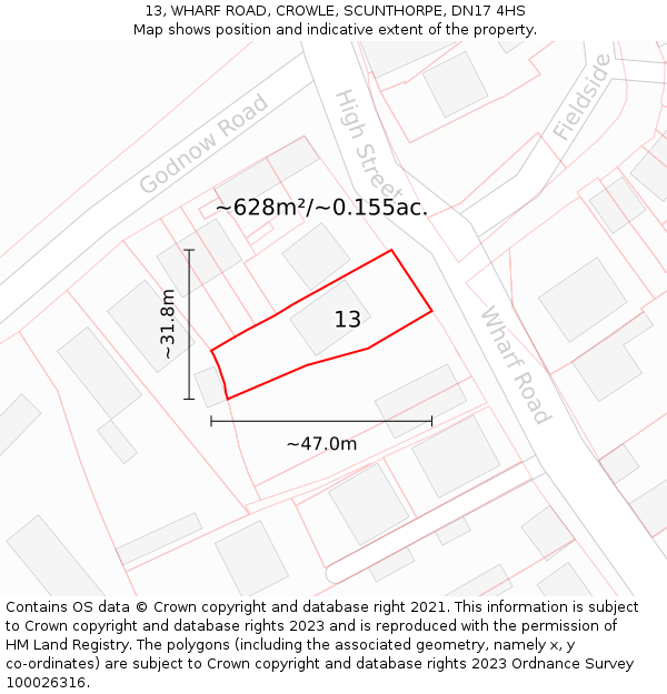 13, WHARF ROAD, CROWLE, SCUNTHORPE, DN17 4HS: Plot and title map