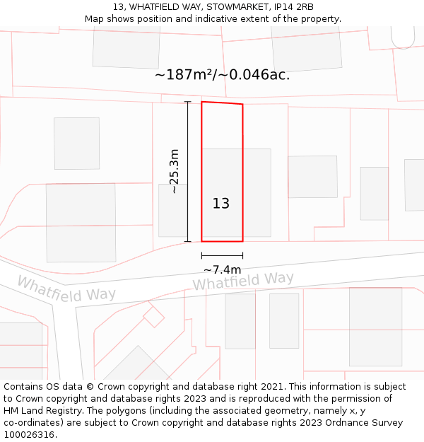 13, WHATFIELD WAY, STOWMARKET, IP14 2RB: Plot and title map