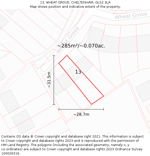 13, WHEAT GROVE, CHELTENHAM, GL52 3LA: Plot and title map