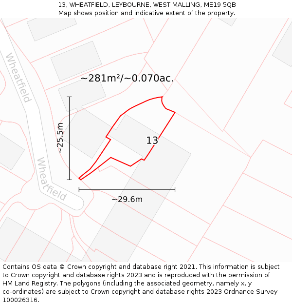 13, WHEATFIELD, LEYBOURNE, WEST MALLING, ME19 5QB: Plot and title map