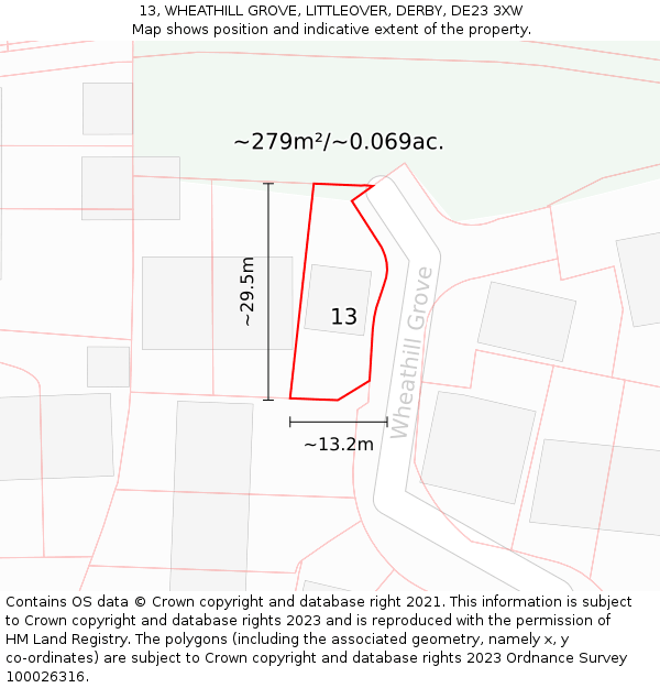 13, WHEATHILL GROVE, LITTLEOVER, DERBY, DE23 3XW: Plot and title map