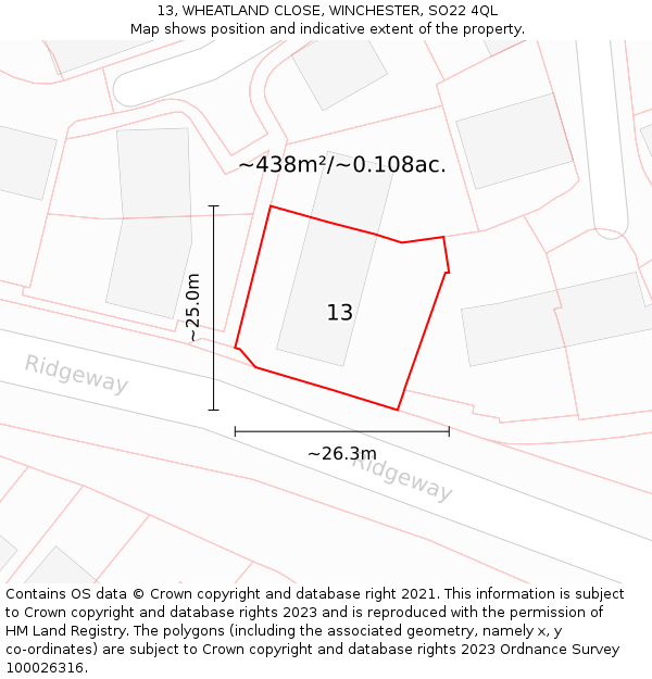 13, WHEATLAND CLOSE, WINCHESTER, SO22 4QL: Plot and title map